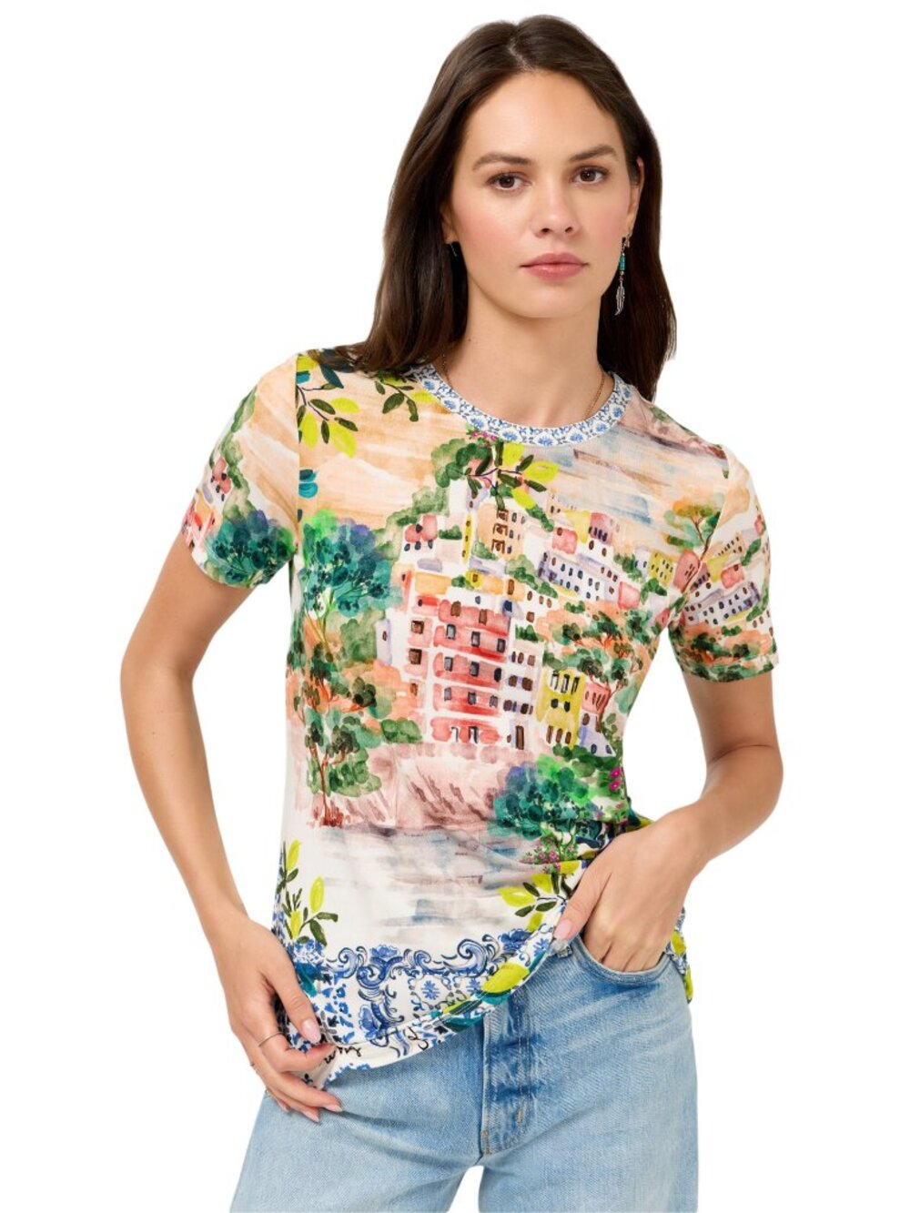 Johnny Was Janie Favorite Olympe Short Crew Tee Floral Shirt Beige Green Top NEW